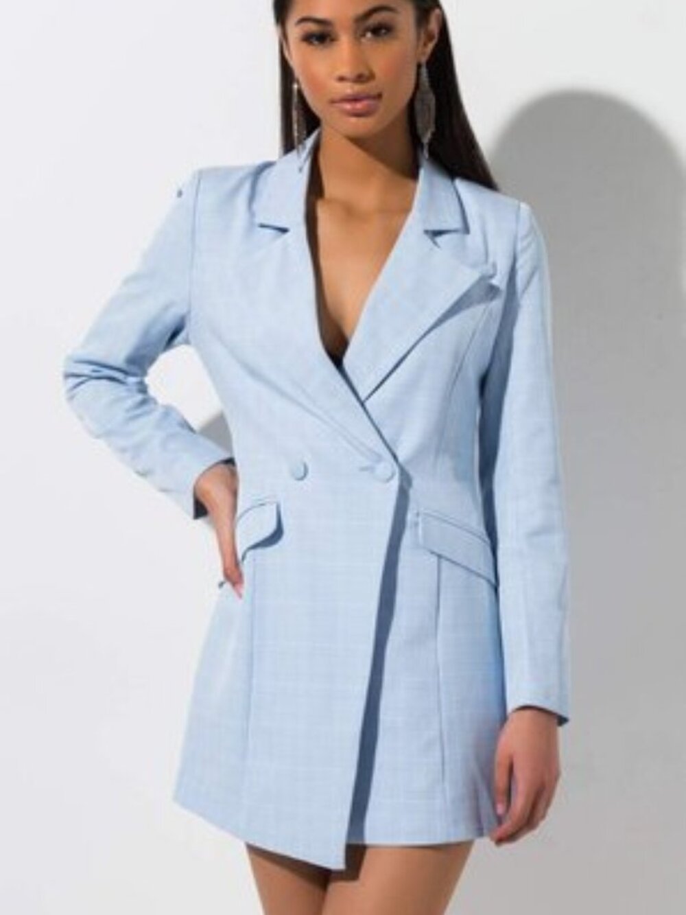 Akira Boss Lady Pale Ice Blue Plaid Blazer Mini Dress/Jacket - L